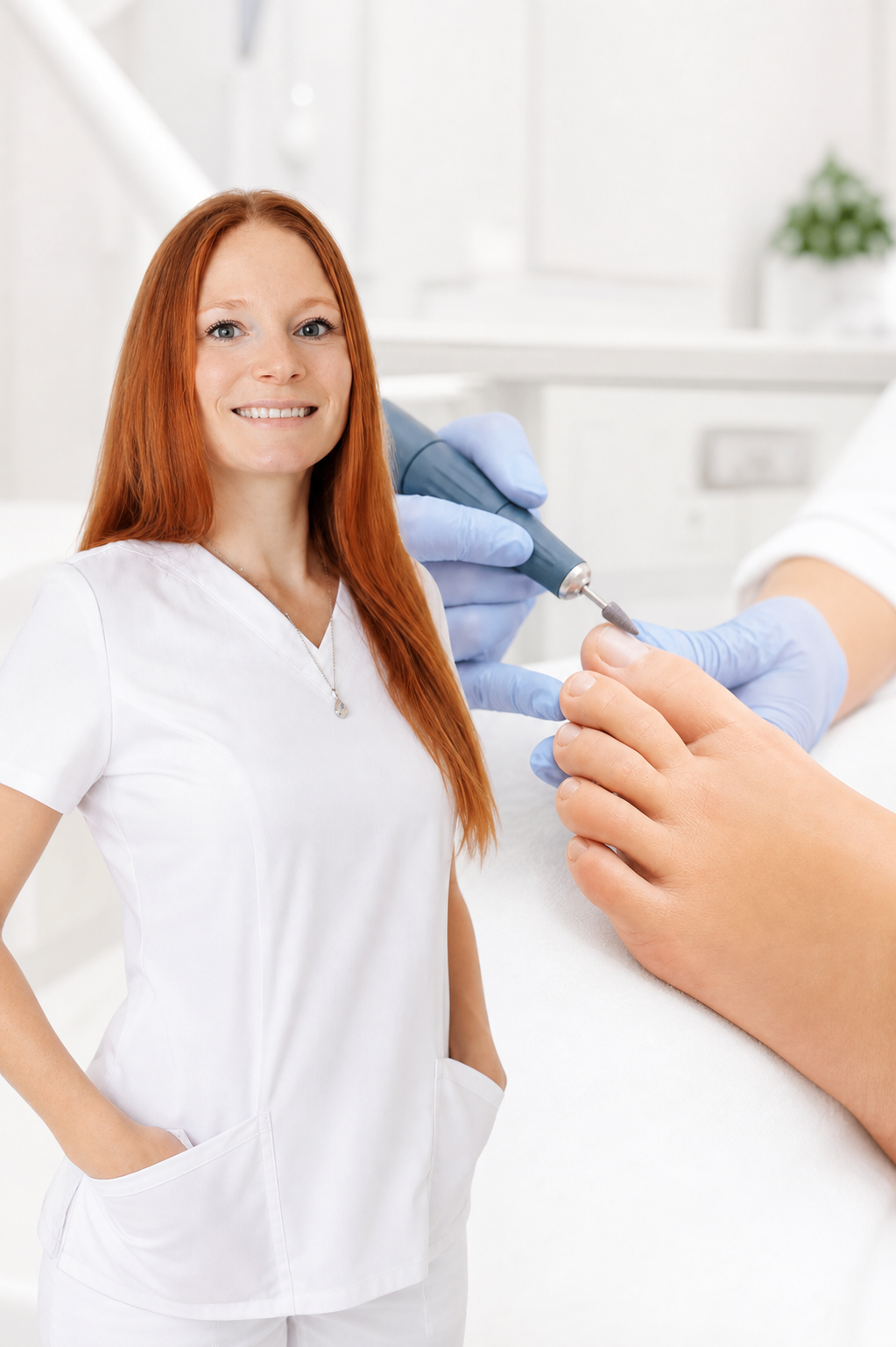 Infirmiere auxiliaire souriante et soin des pieds professionnel
